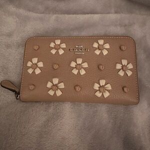 Coach Tan Wallet with Cream Floral Accents